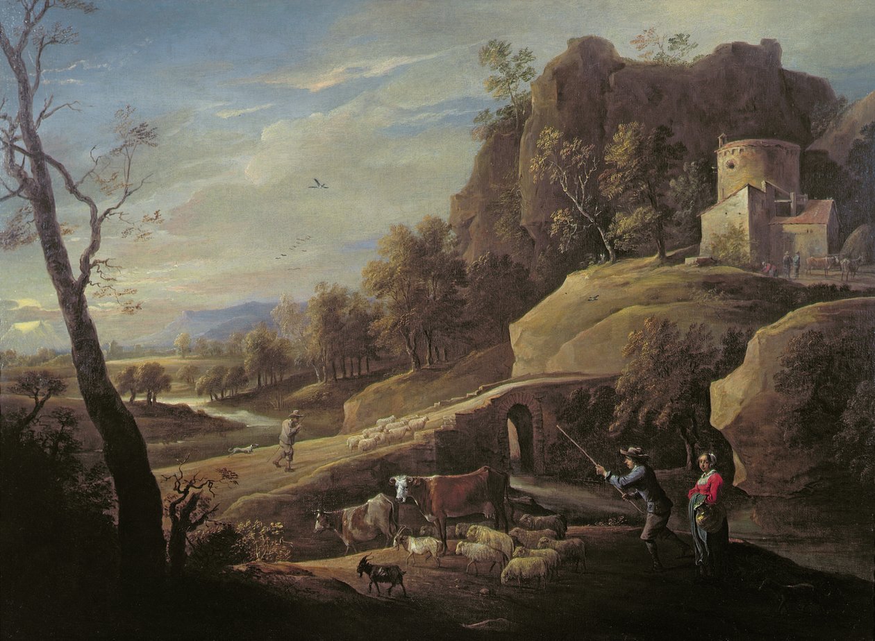 Landskab med bønder, der passer deres dyr af Pieter the Younger Mulier