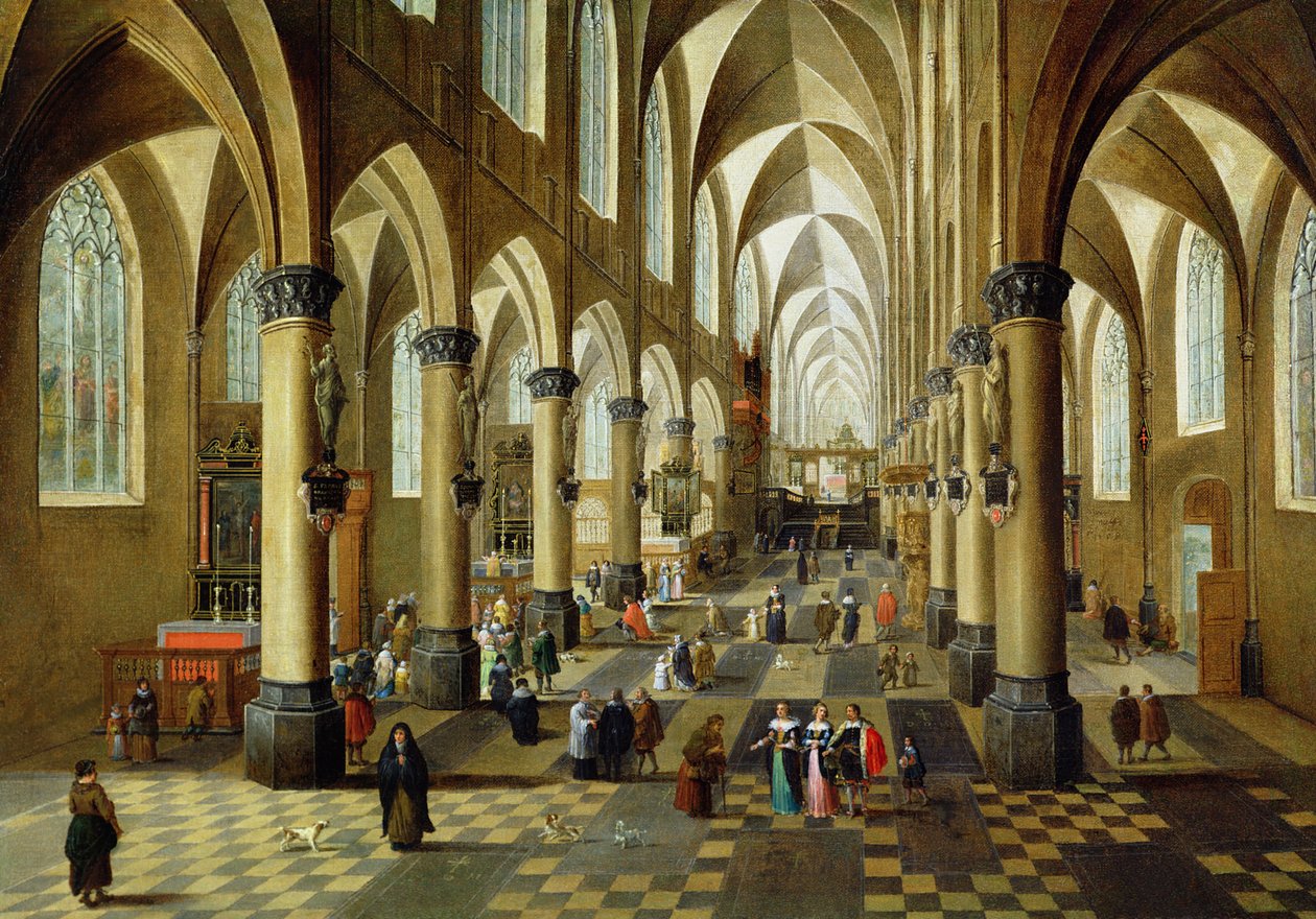 Figurer samlet i et kirkeinteriør, 1600-tallet af Pieter the Younger Neeffs