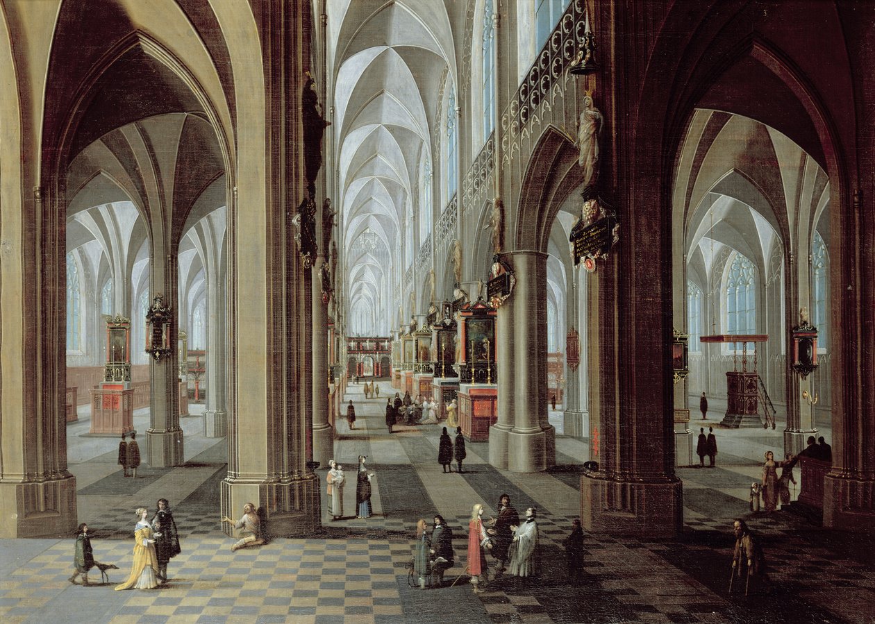 Interiør af Antwerpens katedral (olie på lærred) af Pieter the Younger Neeffs