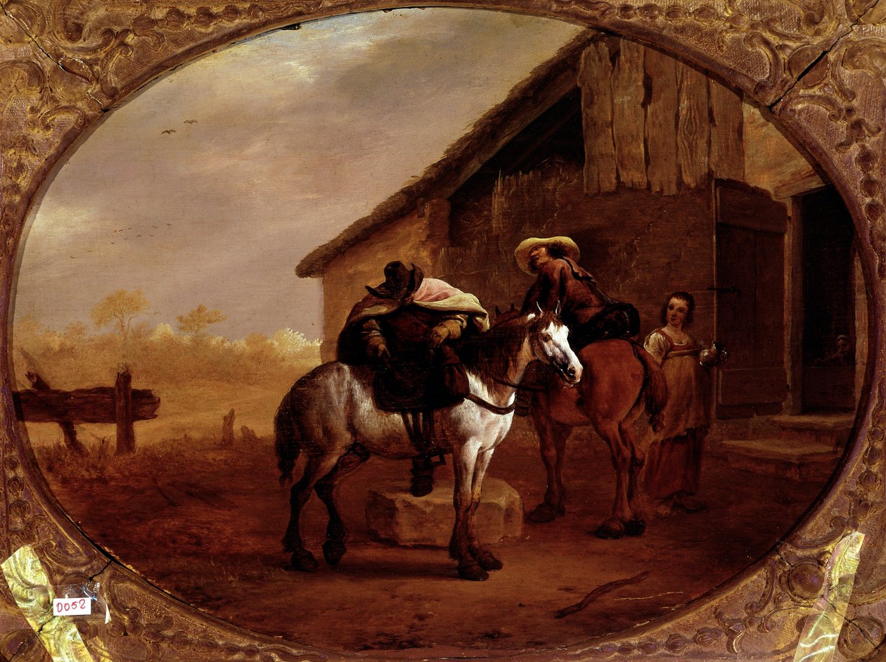 Afgang fra hotellet To ryttere rider på deres heste efter et stop i en kro. Maleri af Pieter Van Laer dit Bamboccio (BAmboche ou Bamboots) (1592/5-1642) (ec.holl.) 1600-tallet søn. 32x43 cm Paris, musee du Louvre - Afgang fra kroen, af Piet af Pieter van Laar
