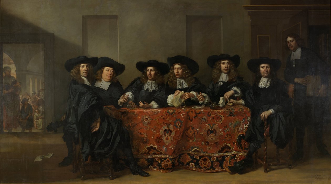 Six Regents and the Housemaster of the Oude Zijds Institute for the Outdoor Relief of the Poor, Amsterdam, 1675 af Pieter van Anraedt