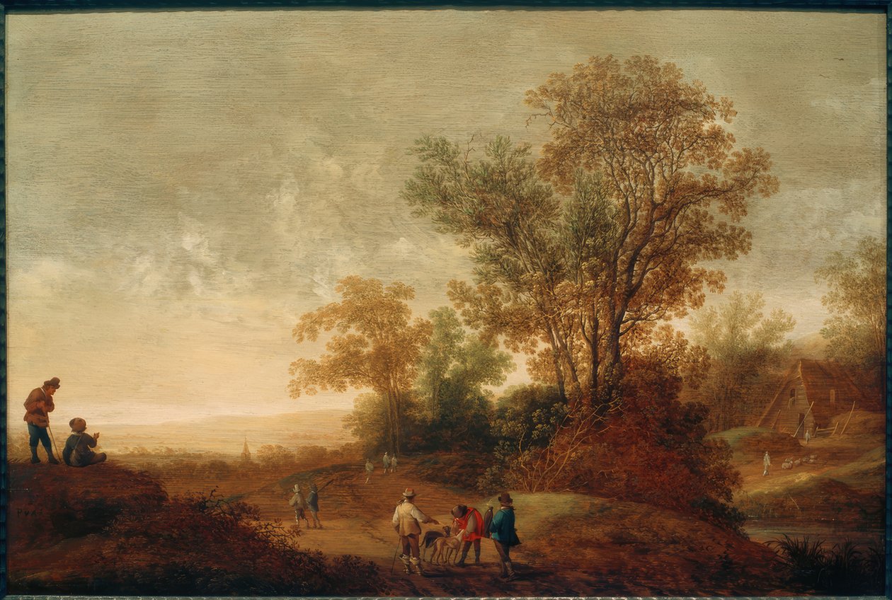Flodlandskab med et jagtselskab af Pieter van Asch