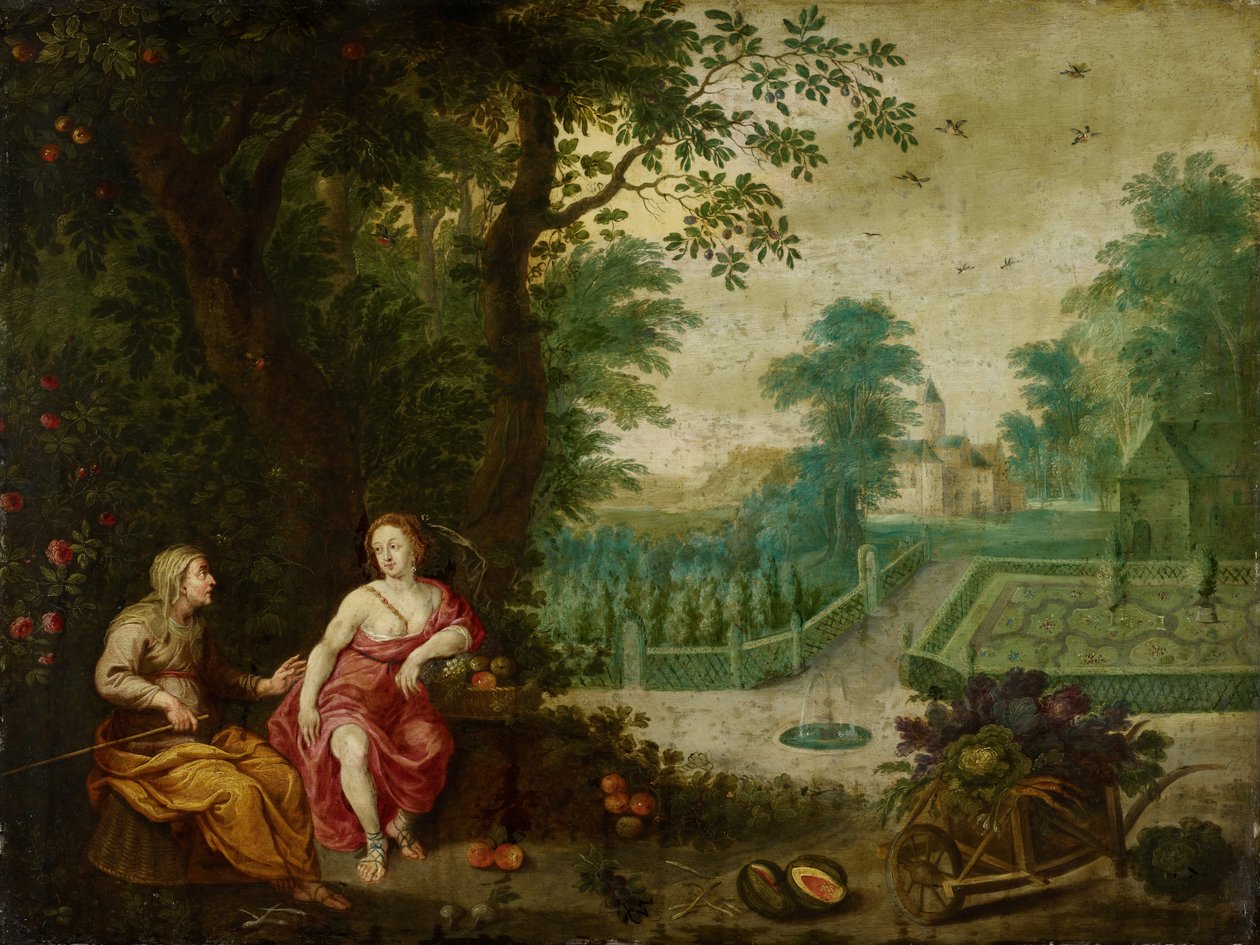 Vertumnus og Pomona (olie på kobber) af Pieter van Avont