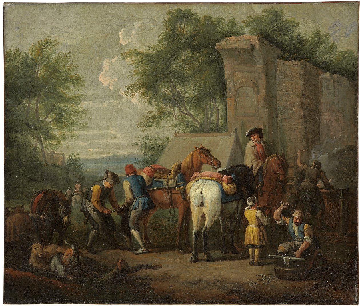 En militærsmed, der skoer heste ved en ruin af Pieter van Bloemen