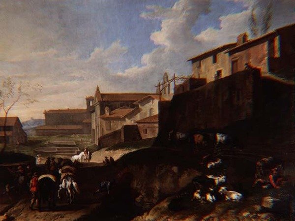 Capriccio-udsigt med kirker, hytter og rejsende (olie) af Pieter van Bloemen
