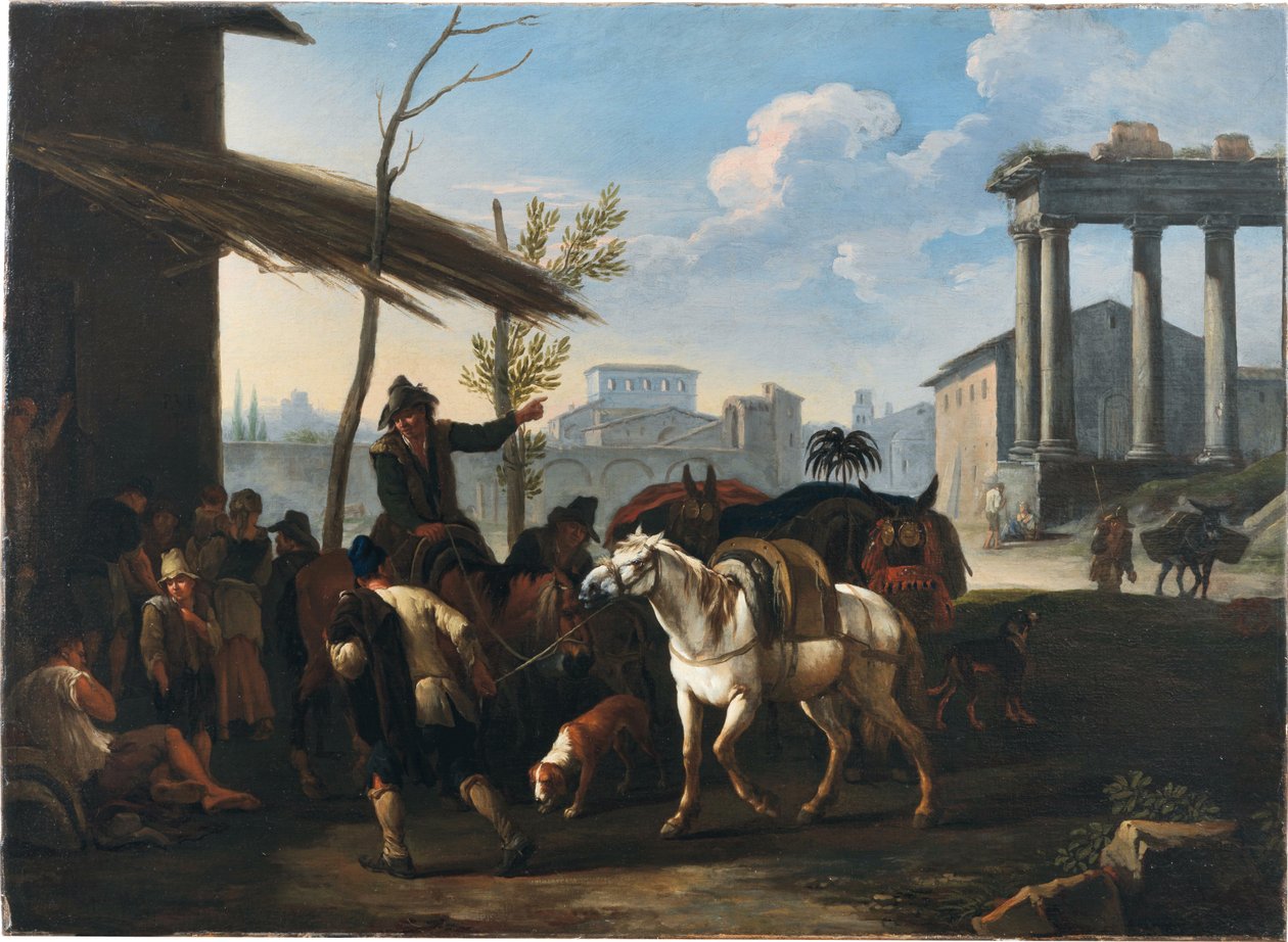 Bønder uden for en kro, en by og gamle ruiner bagved af Pieter van Bloemen