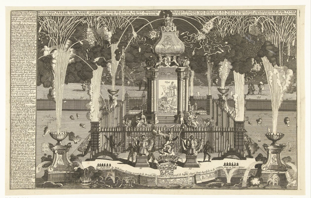 Fyrværkeri til ære for freden i Utrecht, 1713 Hollandsk fredsfyrværkeri opført af de noble Groot Mogende Heeren-stater Holland og Vestfriesland, affyret i floden til Haag (...) (titel på objektet) af Pieter van Buysen jr.