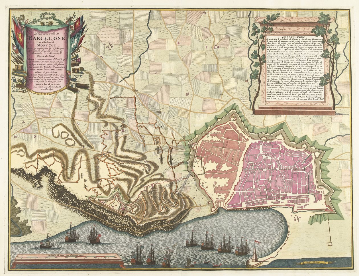 Kort over Barcelona, ​​​​1706 Kort over byen Barcelona og Chateau de Mont Juy med den franske hærs tilgange (...) (titel på objektet) af Pieter van Call (II)