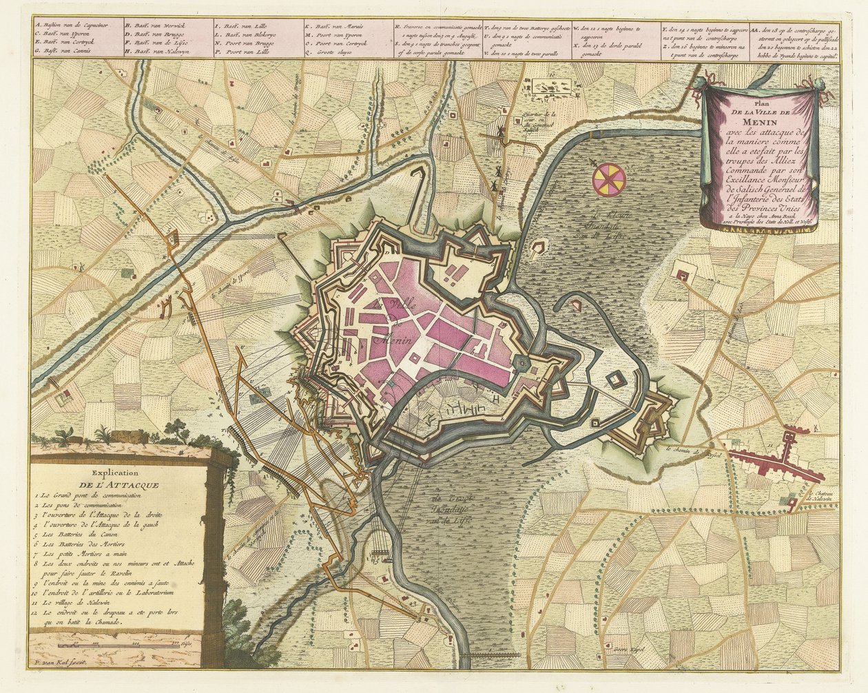 Kaart van het beleg van Menen, 1706 Plan for byen Menin med angrebene (...) fra de allieredes tropper (...). (titel på objekt) af Pieter van Call (II)