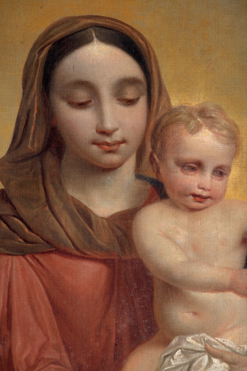 Indefra, maleri "Vor Frue med Barn med rosenkrans", altertavle på hovedalteret af P. Van Hanselaere af Pieter van Hanselaere