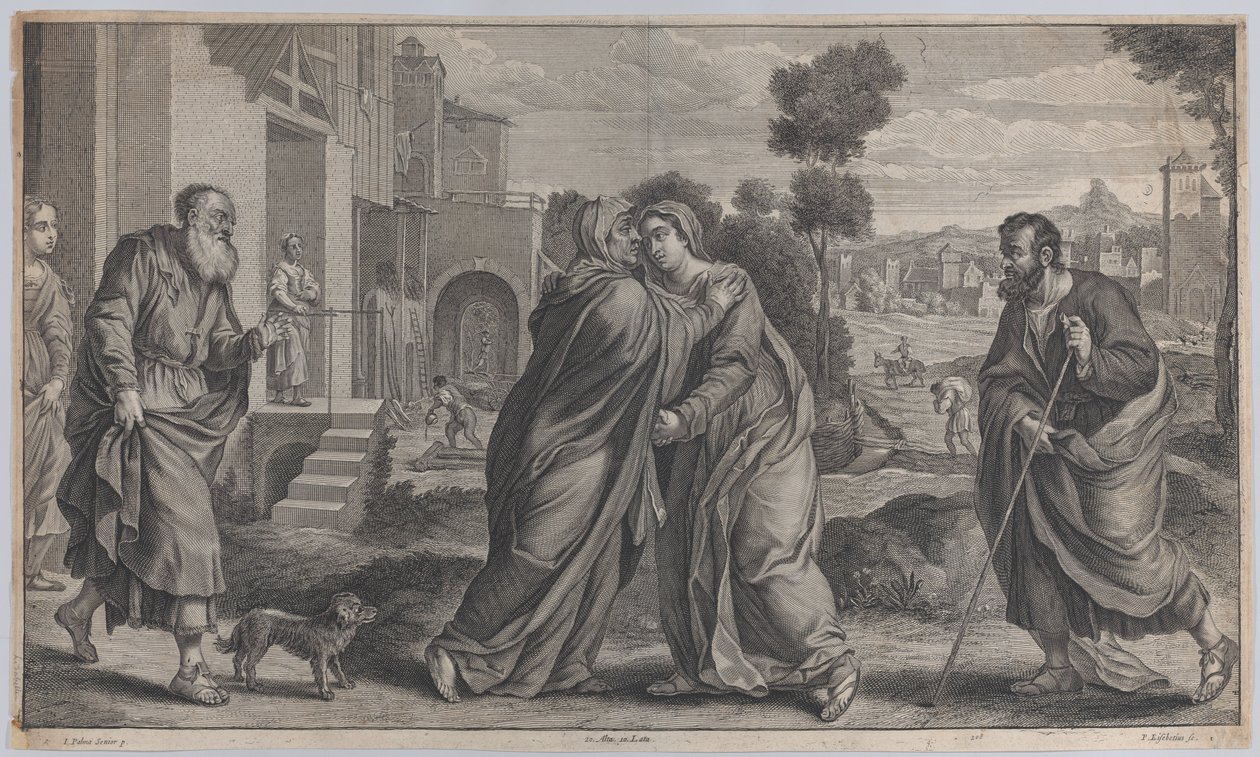 Visitation, Saint Elizabeth omfavner Jomfruen i centrum, mens Saint Joseph går til..., ca. 1656-60 af Pieter van Lisebetten