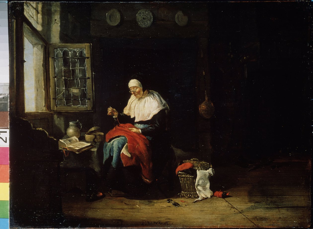 Håndarbejdet. En gammel kvinde foran et vindue koster en rød klud. Hun har briller på. Maleri af Pieter Van Noort (1602- efter 1662) af Pieter van Noort