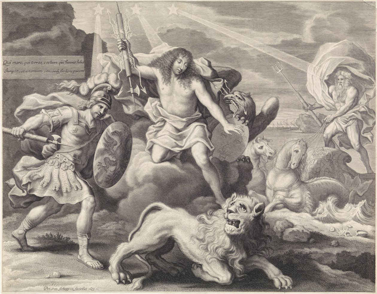 Salgsfremmende tryk med en allegorisk repræsentation af Ludvig XIV som Jupiter, 1659 af Pieter van Schuppen