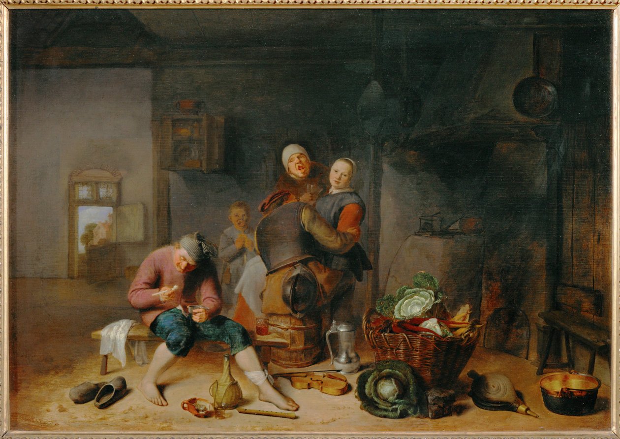 Interiør af et bondehus, en kamp (maleri på egetræ) af Pieter van Slingelandt