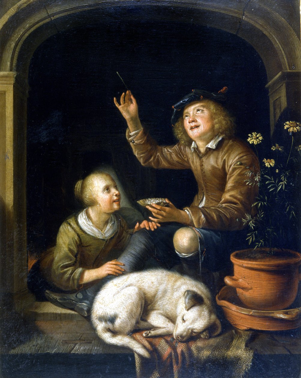 Sæbeboblen. Maleri af Pieter Cornélisz van Slingelandt (1625 - 1691). Museo del Castello i Milano. af Pieter van Slingelandt
