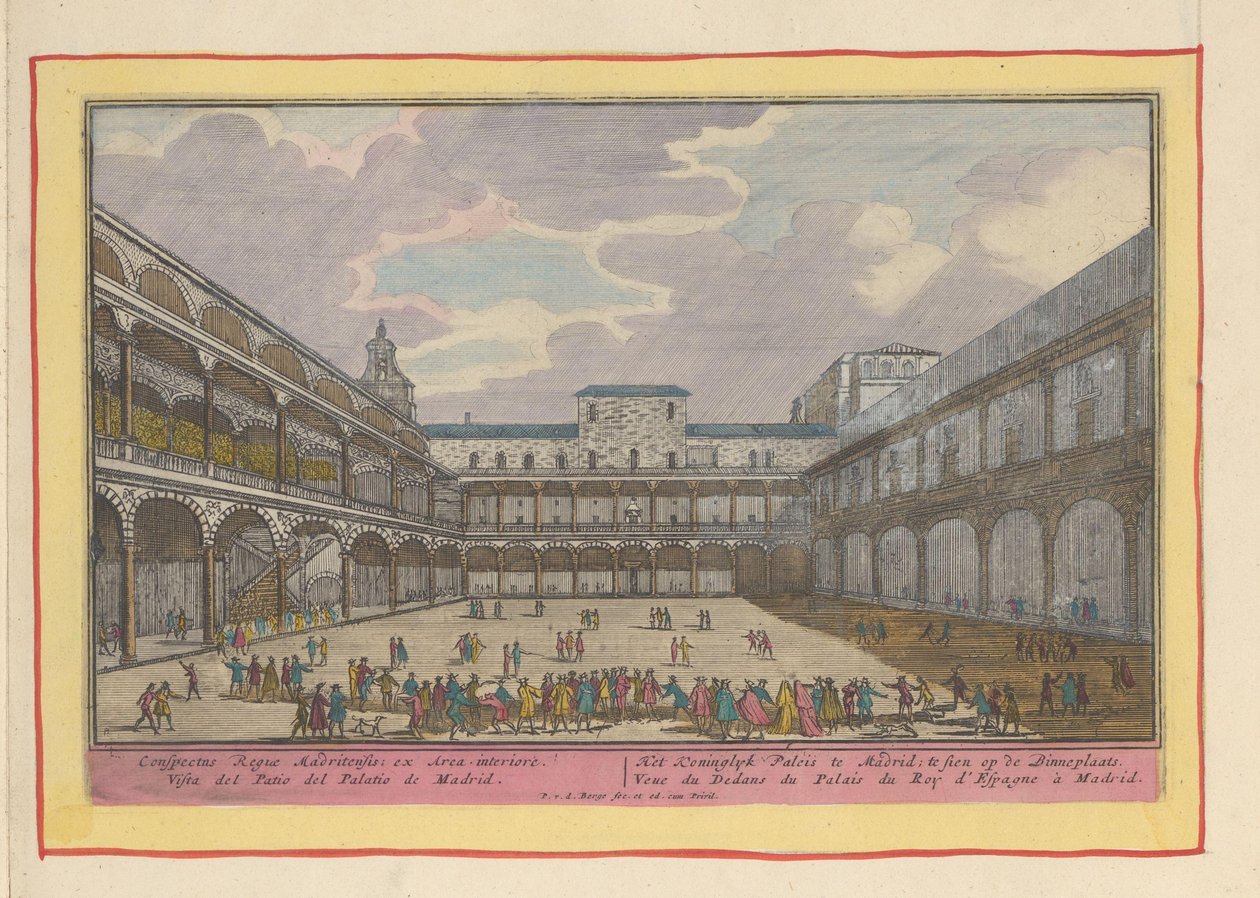 Gården til det kongelige palads i Madrid Det kongelige palads i Madrid; udstillet på Binnenplaats (titel på objekt) Theatrum Hispaniae (...) (serietitel) af Pieter van den Berge