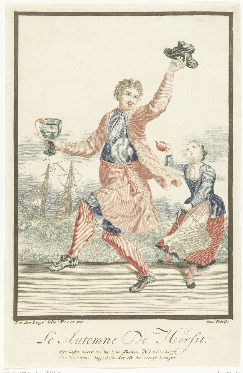 Dansende mand med en rumlen i hånden Le Automne / Efteråret (titel på objekt) De fire årstider (serietitel) af Pieter van den Berge