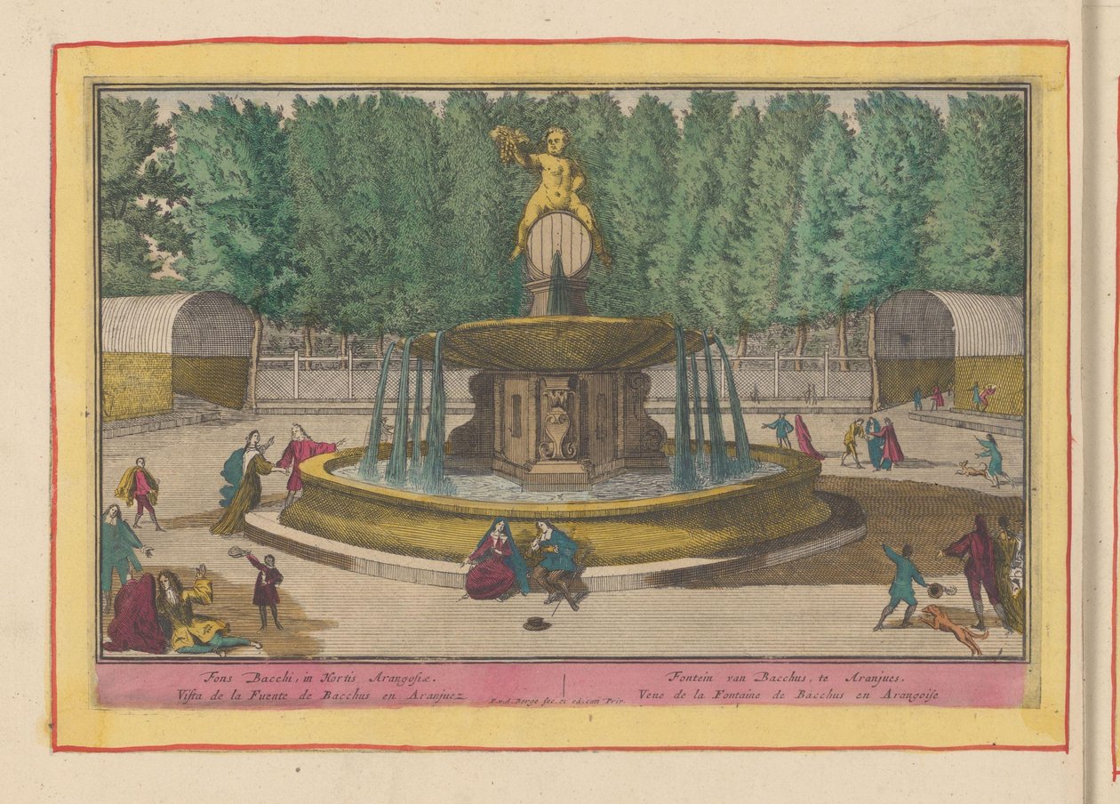 Fontæne af Bacchus i haverne til det kongelige palads i Aranjuez Bacchus-fontænen ved Aranjues (titel på objektet) Theatrum Hispaniae (...) (serietitel) af Pieter van den Berge