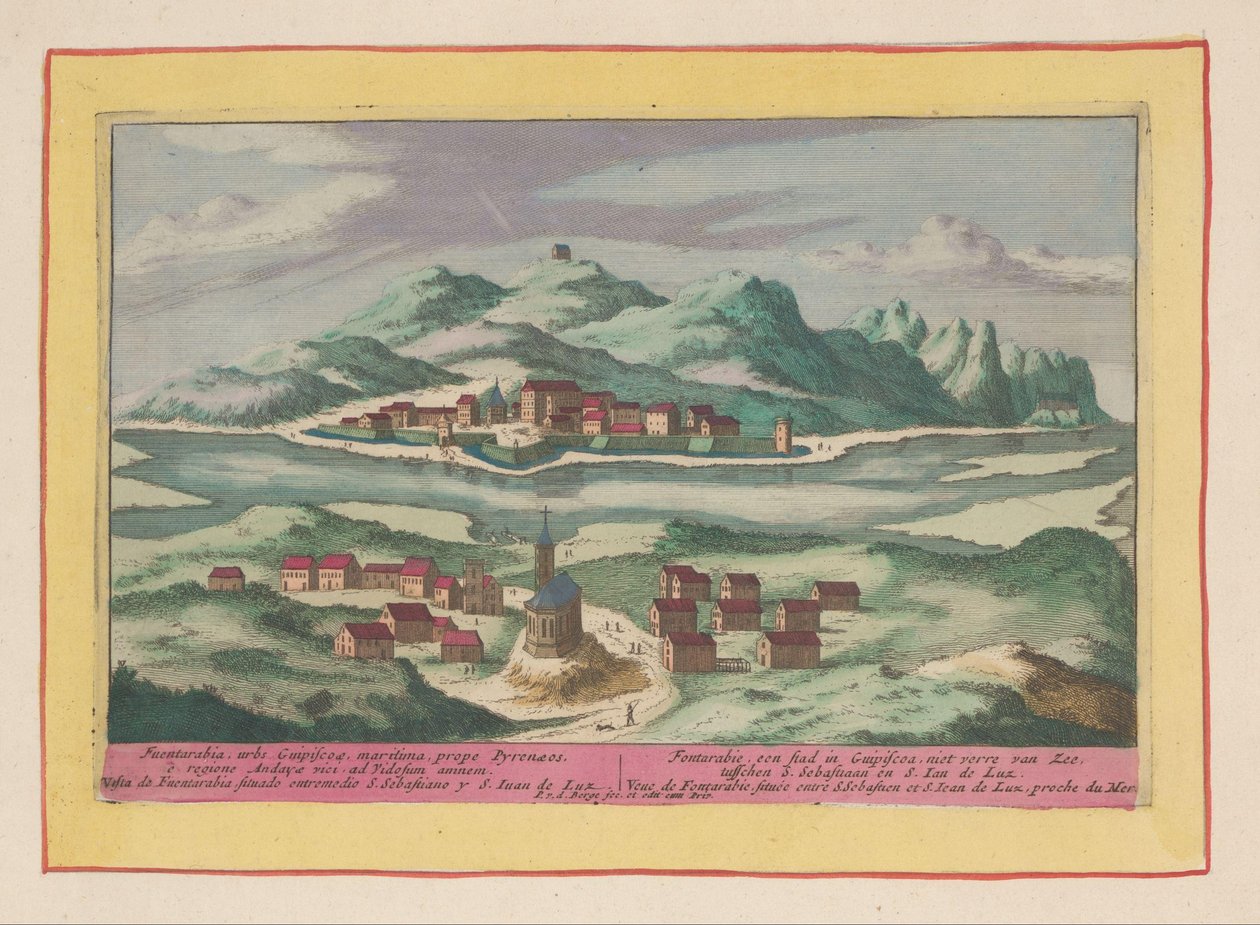 Udsigt over Fuenterrabia Fontarabie, en by i Guipiscoa, ikke langt fra havet, mellem S. Sebastian og S. Ian de Luz (...) (titel på objektet) Theatrum Hispaniae (...) (serietitel) af Pieter van den Berge
