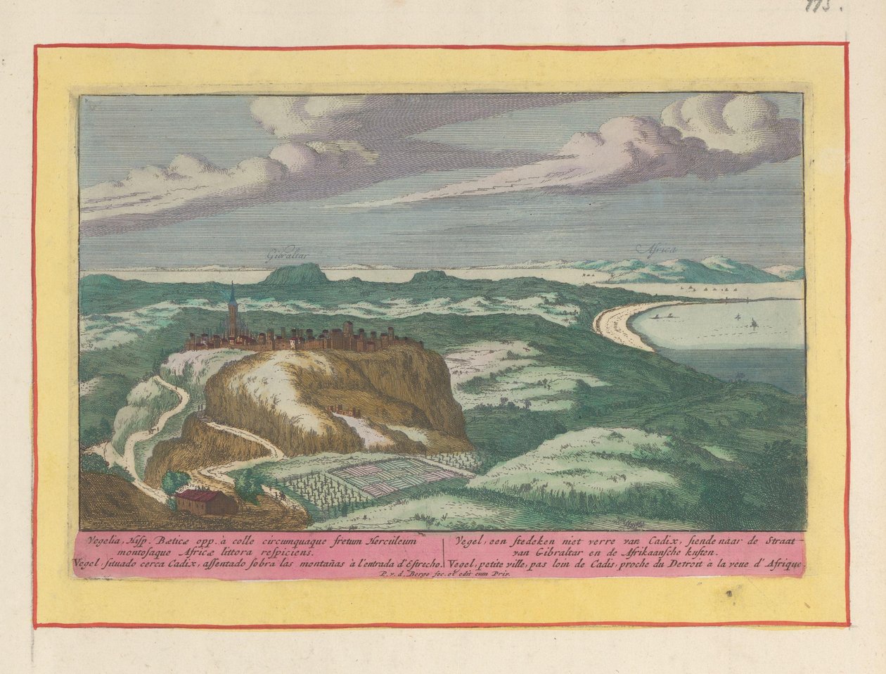 Udsigt over Vejer de la Frontera Vegel, et citadel ikke langt fra Cadix, stirrede på Gibraltarstrædet og de afrikanske kyster (titel på objektet) Theatrum Hispaniae (...) (serietitel) af Pieter van den Berge