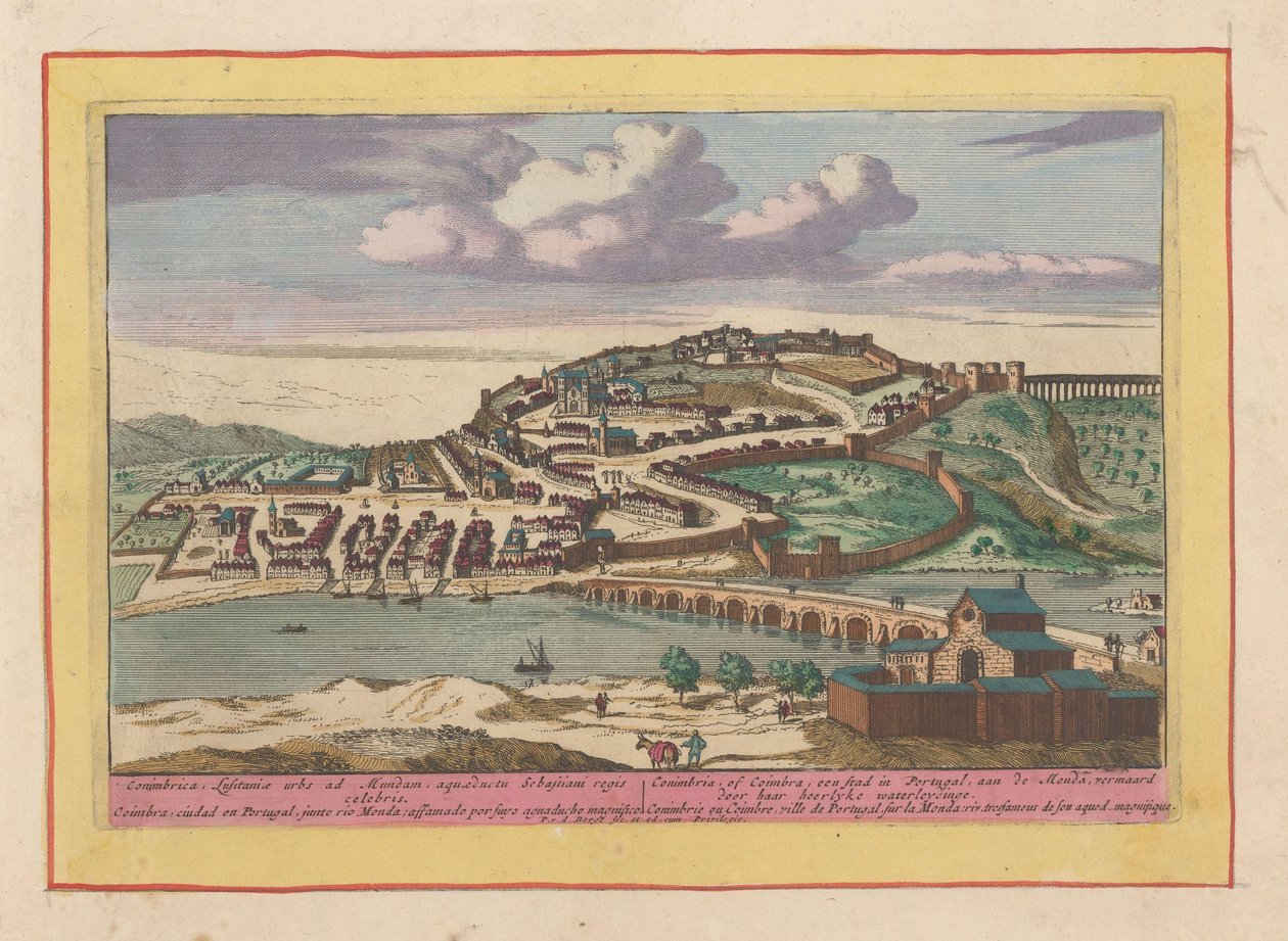 Udsigt over den portugisiske by Coimbra Coimbra, eller Coimbra, en by i Portugal, på Monda (titel på objekt) Theatrum Hispaniae (...) (serietitel) af Pieter van den Berge