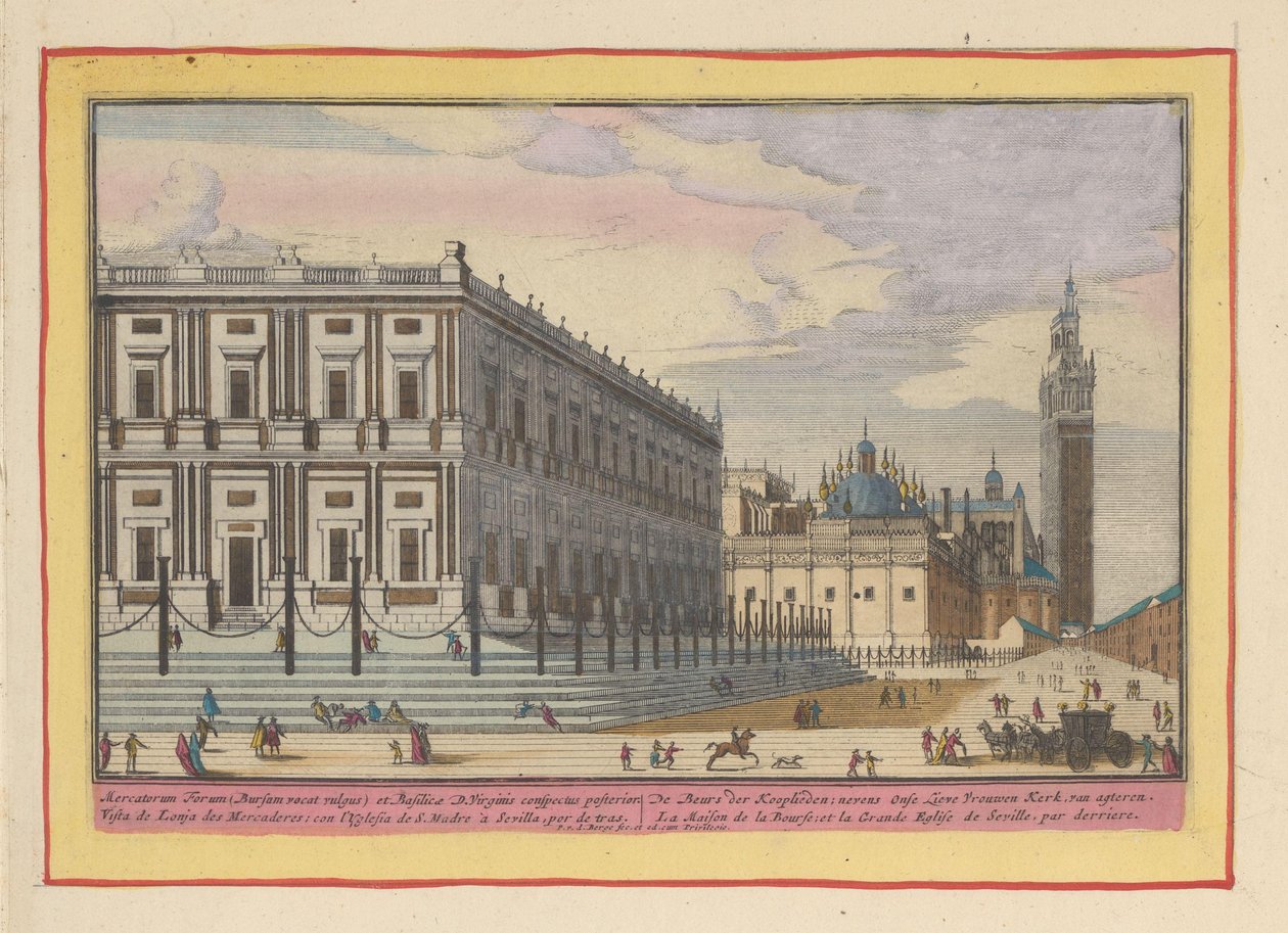 Udsigt over børsen i Sevilla Købmandsmessen; ved siden af ​​Vor Frue Kirke, van agteren (titel på objektet) Theatrum Hispaniae (...) (serietitel) af Pieter van den Berge