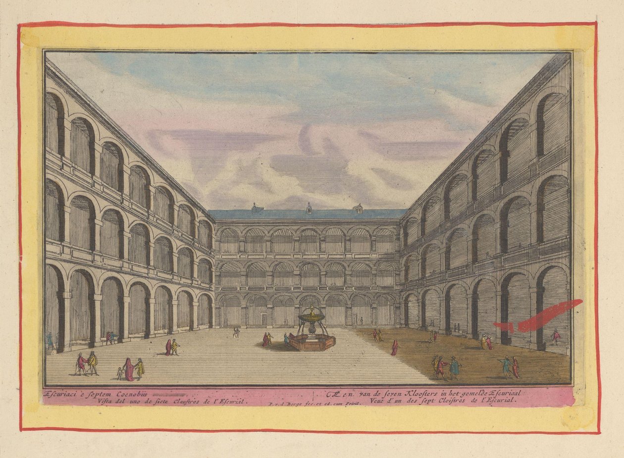Udsigt over gården til et af klostrene i Escorial Et af de syv klostre i den rapporterede Escurial (titel på objekt) Theatrum Hispaniae (...) (serietitel) af Pieter van den Berge
