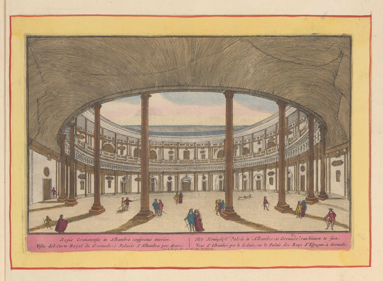 Udsigt over gården til Charles V-paladset i Granada Det kongelige palads i Alhambre, Granat; at se indefra (titel på objekt) Theatrum Hispaniae (...) (serietitel) af Pieter van den Berge