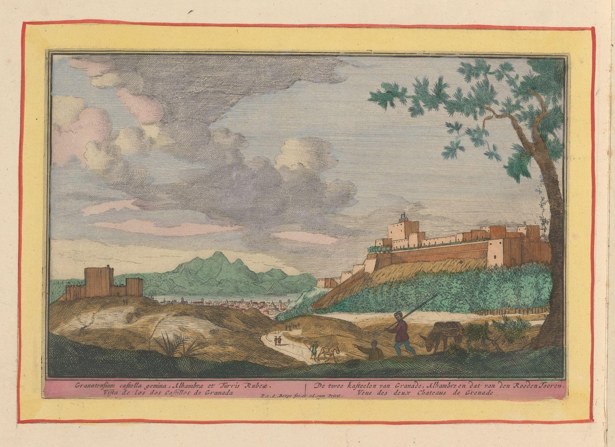 Udsigt over bygningerne i Alhambra i Granada De to slotte i Granade, Alhambre og den Rooden Tooren (titel på objektet) Theatrum Hispaniae (...) (serietitel) af Pieter van den Berge