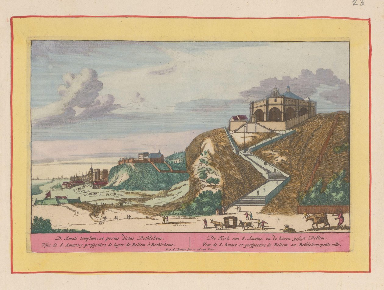 Udsigt over Santo Amaro-kirken nær Lissabon Kirken S. Amatus og havnen segt Bellem (titel på objektet) Theatrum Hispaniae (...) (serietitel) af Pieter van den Berge