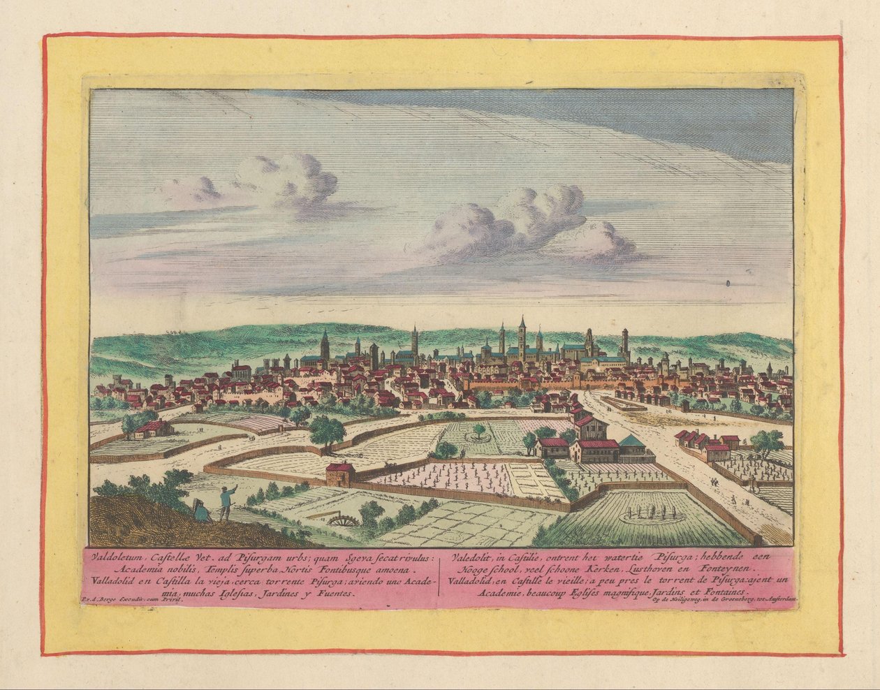 Udsigt over byen Valladolid Valedolit, i Castilla, fra vandet Pisurga; have en gymnasieskole, mange smukke kirker, Lusthoven og Fonteynen (titel på objektet) Theatrum Hispaniae (...) (serietitel) af Pieter van den Berge