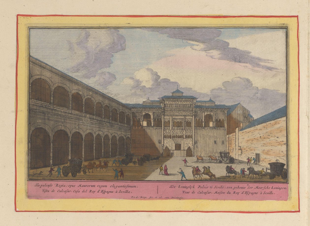 Udsigt over en gårdhave til Real Alcázar de Sevilla Det kongelige palads på Sicilien; en bygning af de mauriske konger (titel på objektet) Theatrum Hispaniae (...) (serietitel) af Pieter van den Berge