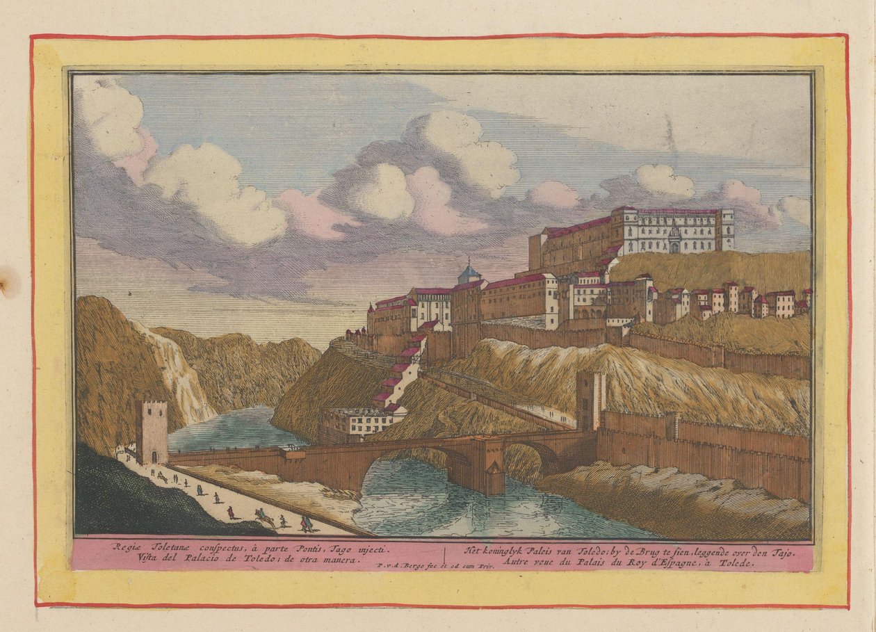 Udsigt over Alcazar de Toledo Det kongelige palads i Toledo; ved broen for at blive set, liggende over Tajo (titel på objekt) Theatrum Hispaniae (...) (serietitel) af Pieter van den Berge
