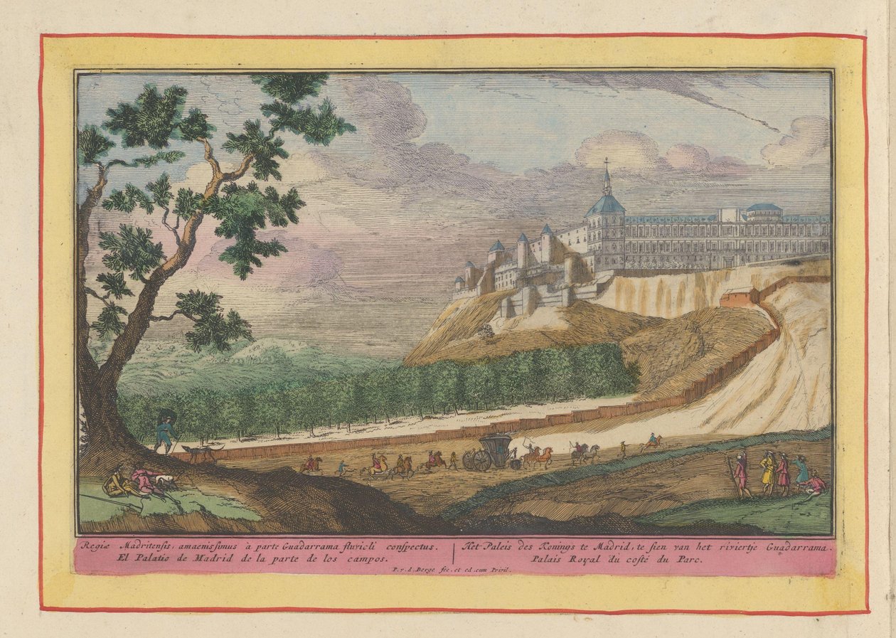 Udsigt over det kongelige palads i Madrid Kongens Palads i Madrid, set fra floden Guadarrama (titel på objektet) Theatrum Hispaniae (...) (serietitel) af Pieter van den Berge
