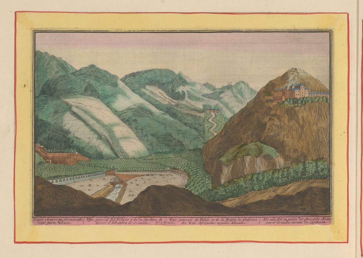 Udsigt over de mauriske kongers palads og haver i Granada De mauriske kongers gamle slot og palads ved Granade; ved siden af ​​Lusthoven (titel på objekt) Theatrum Hispaniae (...) (serietitel) af Pieter van den Berge