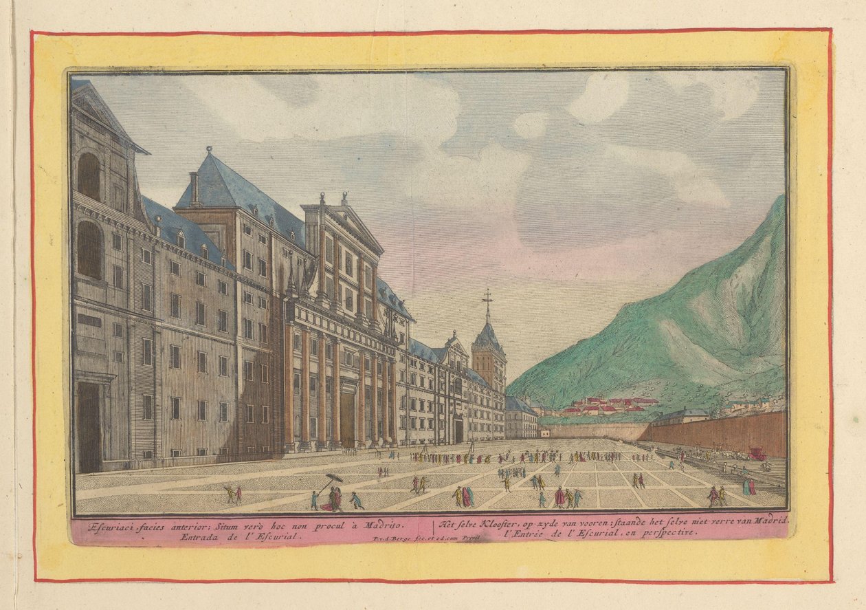 Udsigt over forpladsen og facaden af ​​Escorial Selvklostret, på siden af ​​fronten; stå mig selv ikke langt fra Madrid (titel på objekt) Theatrum Hispaniae (...) (serietitel) af Pieter van den Berge