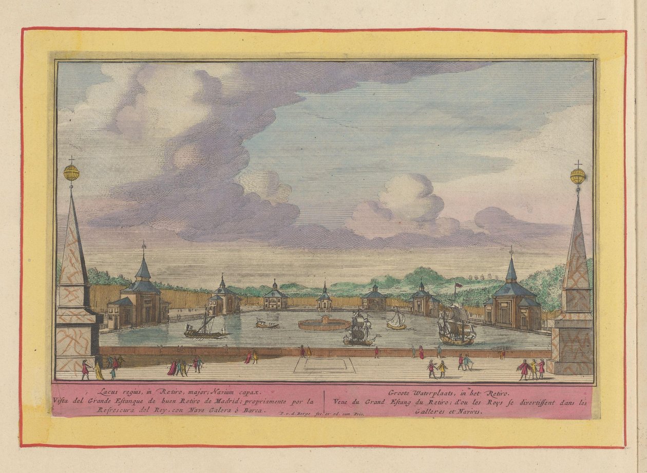 Stor dam med skibe i haverne ved Palacio del Buen Retiro i Madrid Groote Waterplaats, i Retiro (titel på objekt) Theatrum Hispaniae (...) (serietitel) af Pieter van den Berge