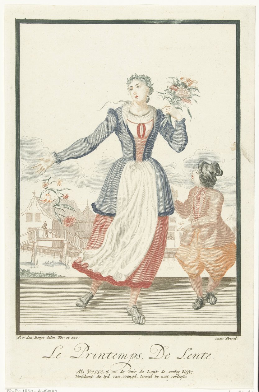 Ung kvinde med en bundt blomster Le Printemps / Foråret (titel på objekt) De fire årstider (serietitel) af Pieter van den Berge