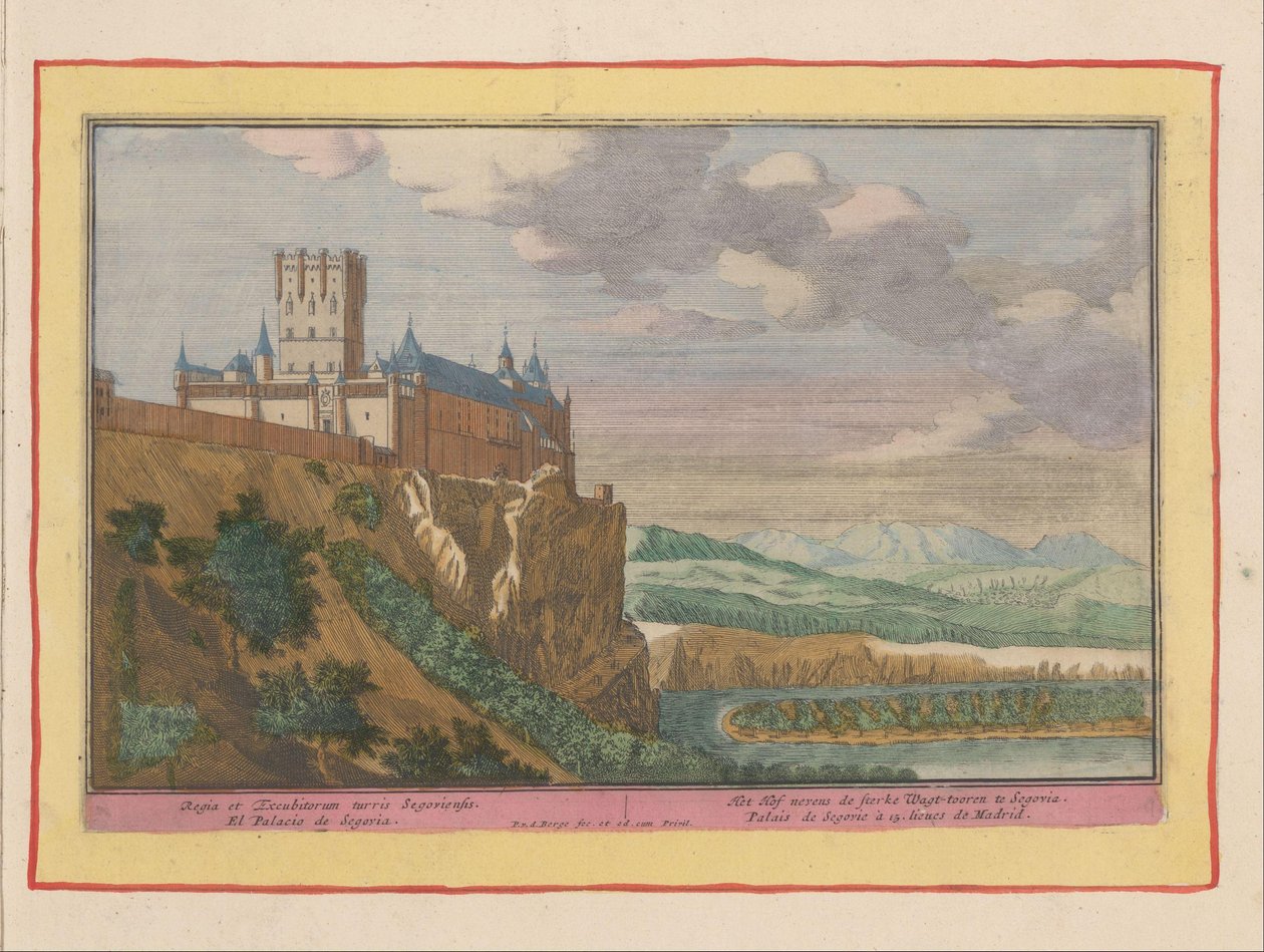 Kasteel van Segovia Het Hof nevens de sterke Wagt-tooren te Segovia / Regia et Excubitorum turris Segovia (titel på objektet) Teater i Spanien (...) (serietitel) af Pieter van den Berge