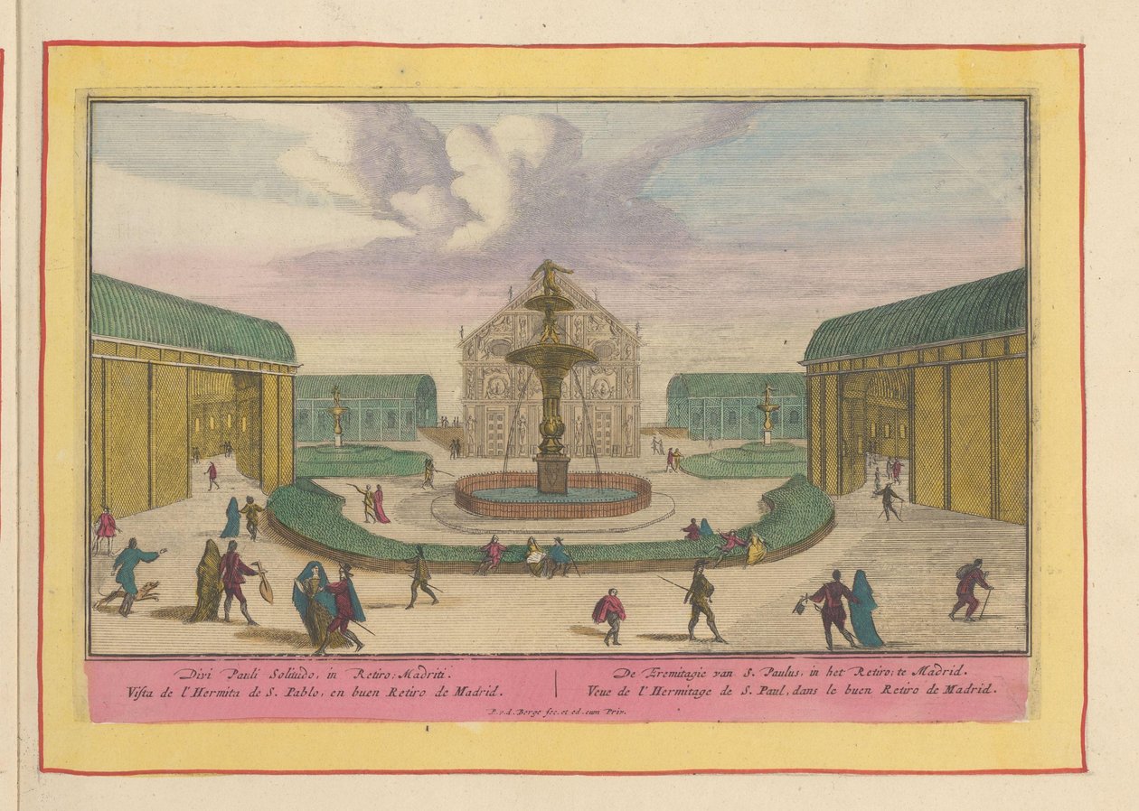 Eremitten Pauls kirke i haverne ved Palacio del Buen Retiro i Madrid Sankt Pauls Eremitagy, i Retiro; i Madrid (titel på objekt) Theatrum Hispaniae (...) (serietitel) af Pieter van den Berge
