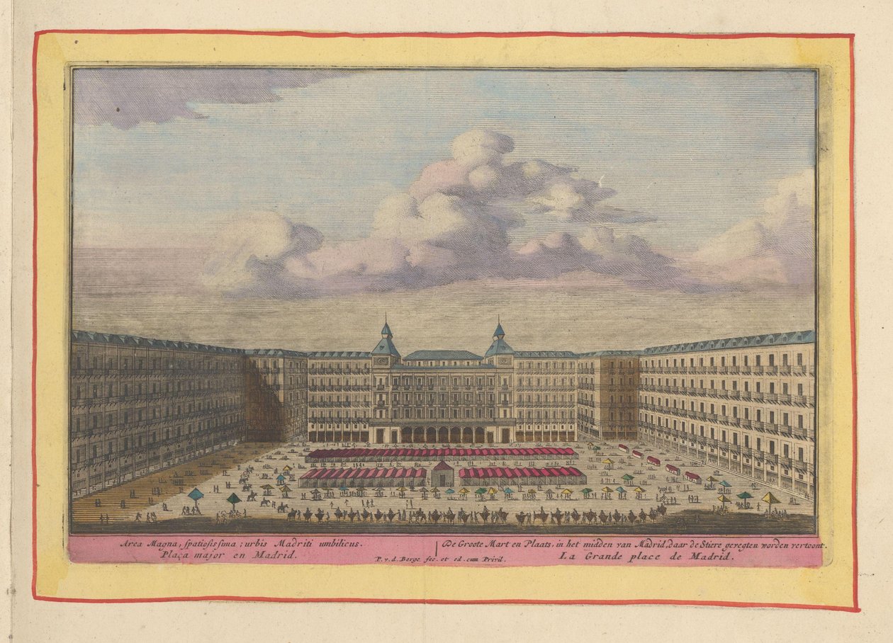 Plaza Mayor i Madrid The Great Mart and Place, i centrum af Madrid, hvor tyrefægtningerne vises (titel på objekt) Theatrum Hispaniae (...) (serietitel) af Pieter van den Berge