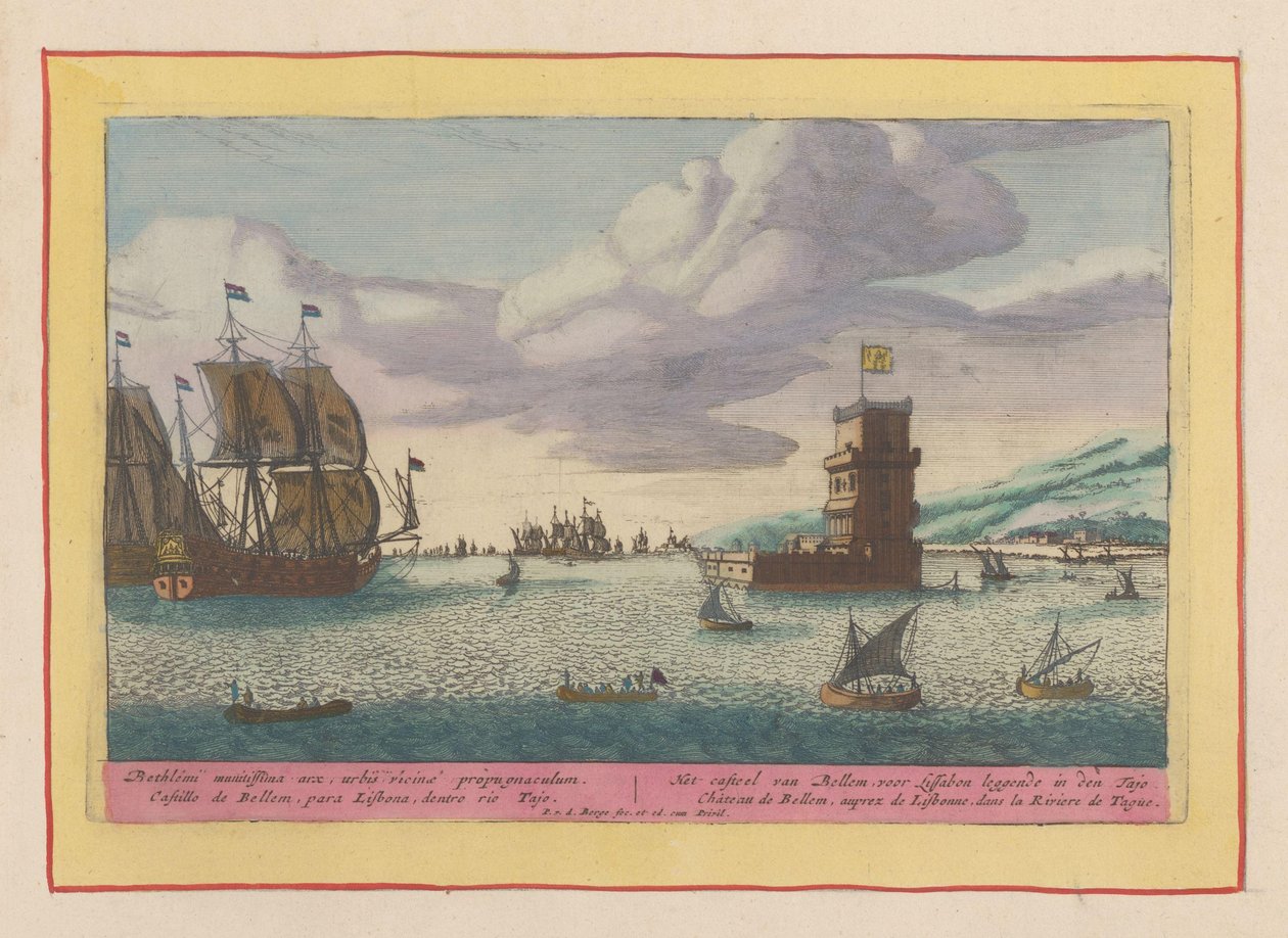 Tower of Belém beliggende i Taag -floden Bellem Casteel, lægning for Lissabon i Tajo (titel på objekt) Theatrum Hispaniae (...) (serietitel) af Pieter van den Berge