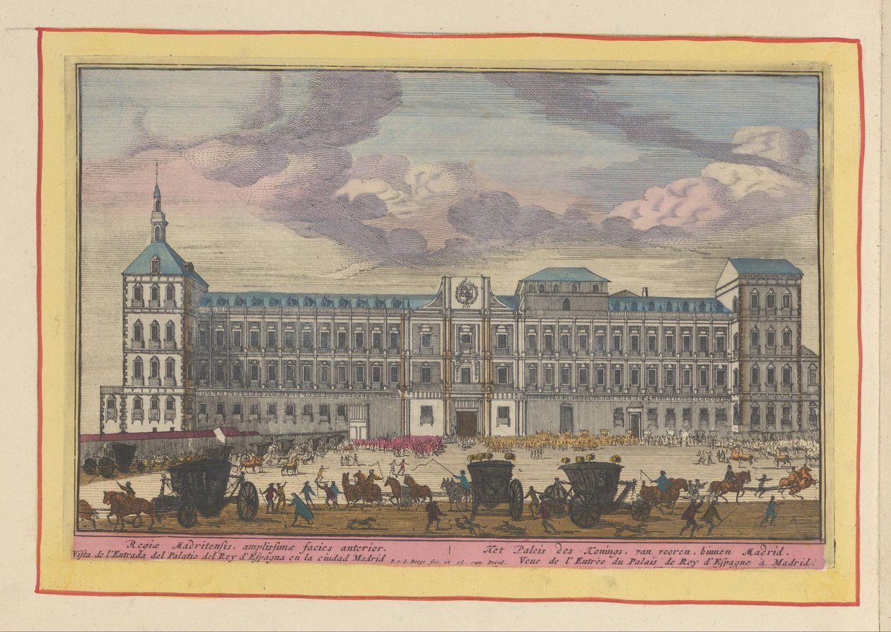 Forfra af det kongelige palads i Madrid Kongens Palads, forfra, inde i Madrid (titel på objektet) Theatrum Hispaniae (...) (serietitel) af Pieter van den Berge