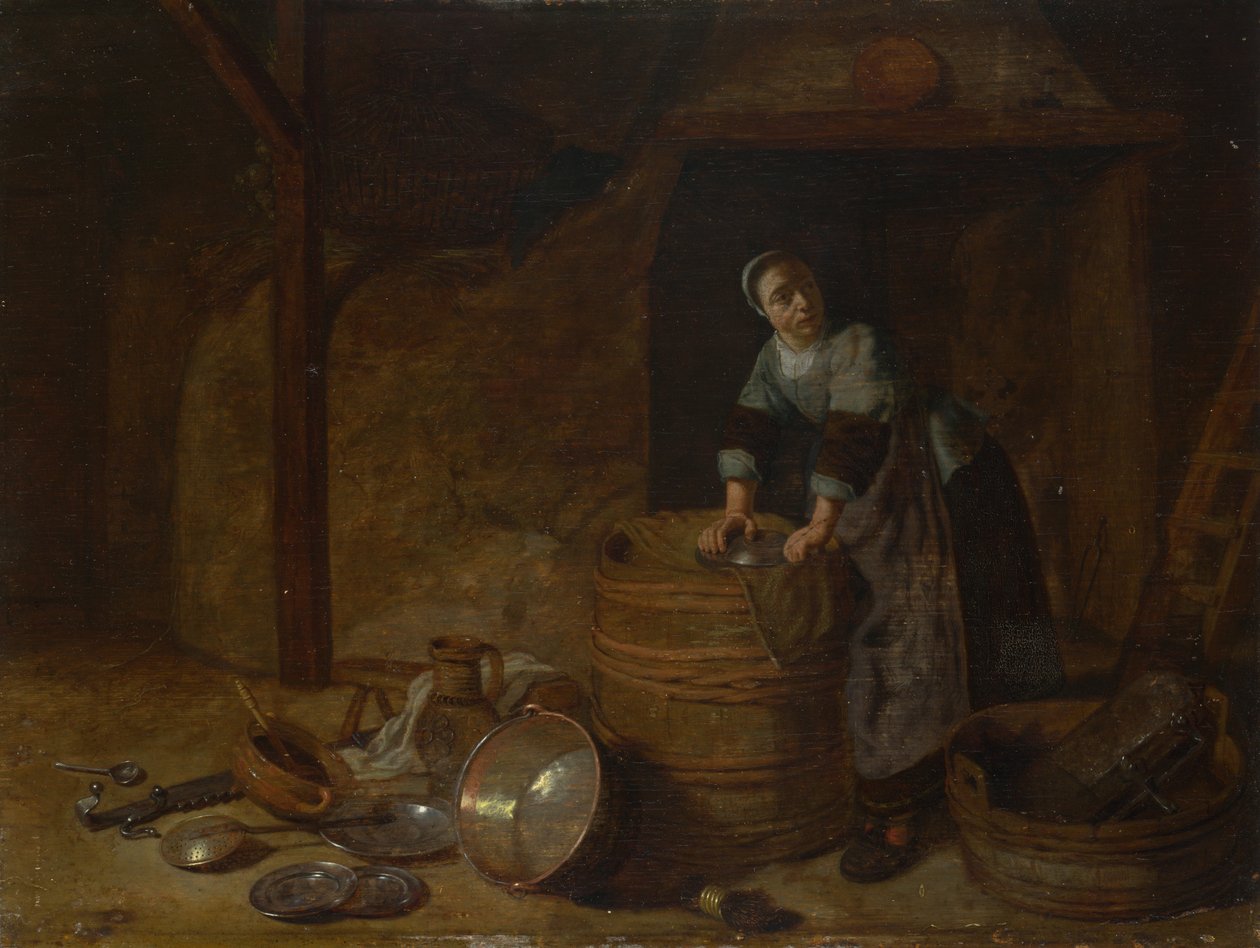 En kvinde, der skurer en gryde, ca. 1650-1660 af Pieter van den Bosch