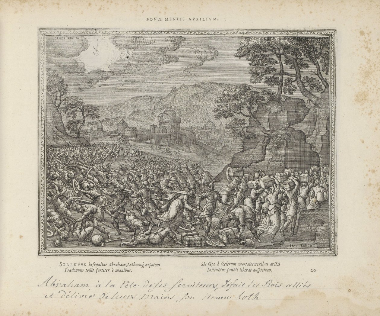 Abraham bevrijdt Lot Hjælp til et godt sind (titel på objekt) De hellige emblemer og begge testamenters hovedhistorier (Oude Testamente) (serietitel) Billeder og figurer af bøger (serietitel) af Pieter van der Borcht (I)