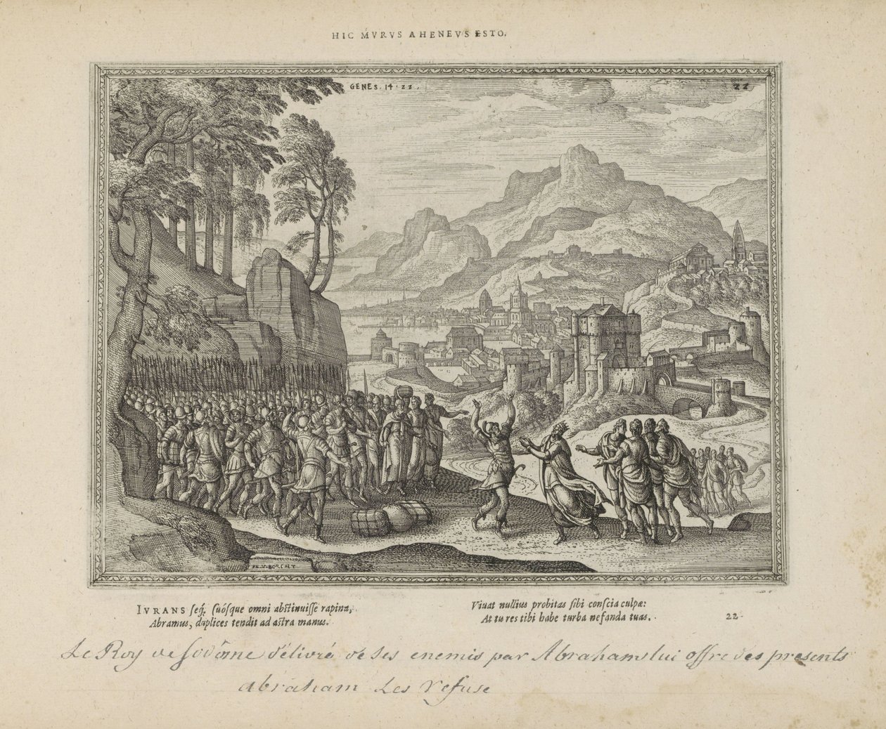 Abraham en de koning van Sodoma Vær denne jernvæg (titel på objekt) De hellige emblemer og begge testamenters hovedhistorier (Oude Testamente) (serietitel) Billeder og figurer af bøger (serietitel) af Pieter van der Borcht (I)
