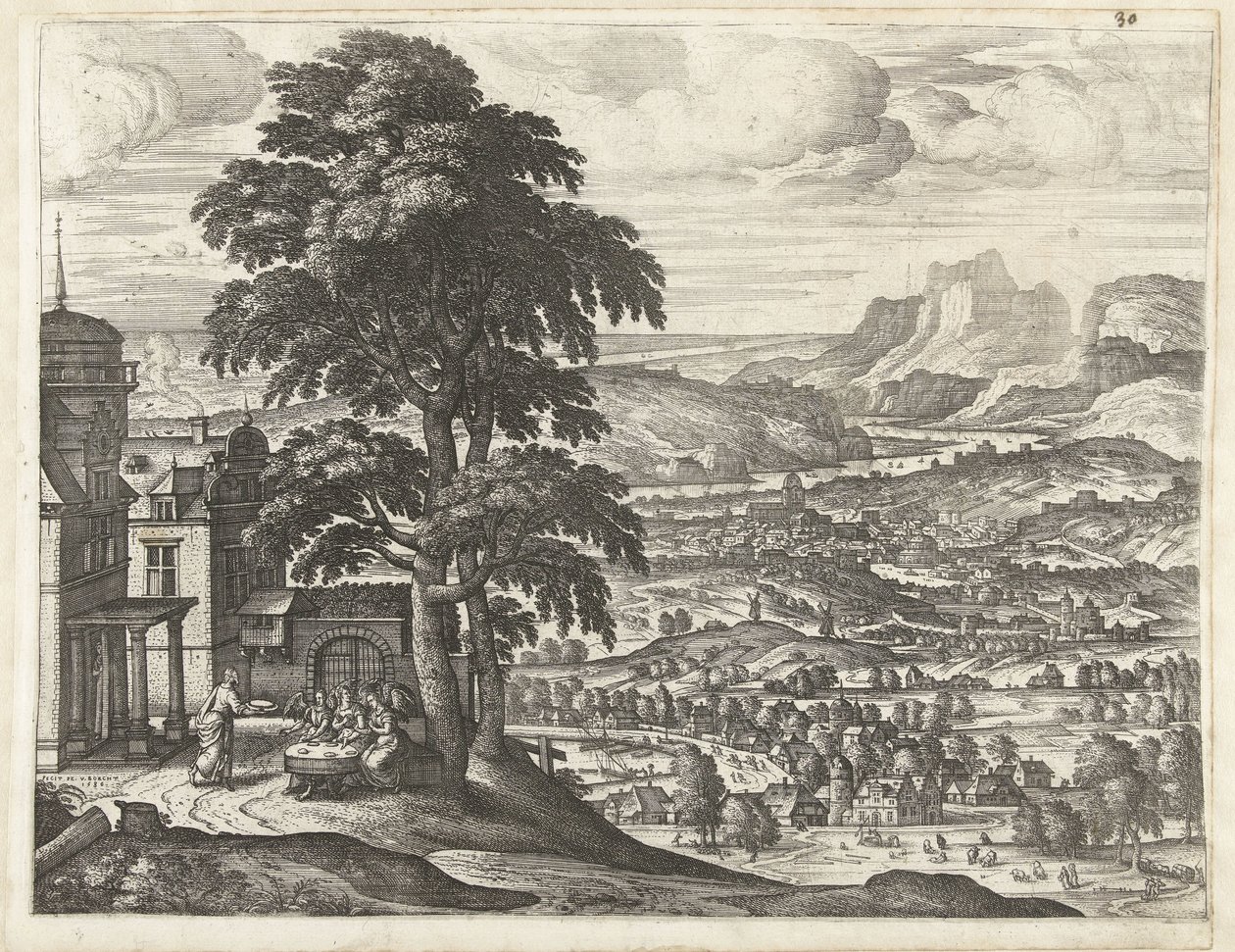 Abraham fodrer de tre engle Landskaber med historien om Abraham (serietitel) af Pieter van der Borcht (I)