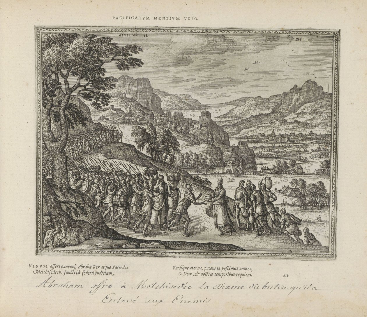 Abraham mødte Melkisedek En forening af fredelige sind (titel på objekt) De hellige emblemer og begge testamenters hovedhistorier (Oude Testamente) (serietitel) Billeder og figurer af bøger (serietitel) af Pieter van der Borcht (I)
