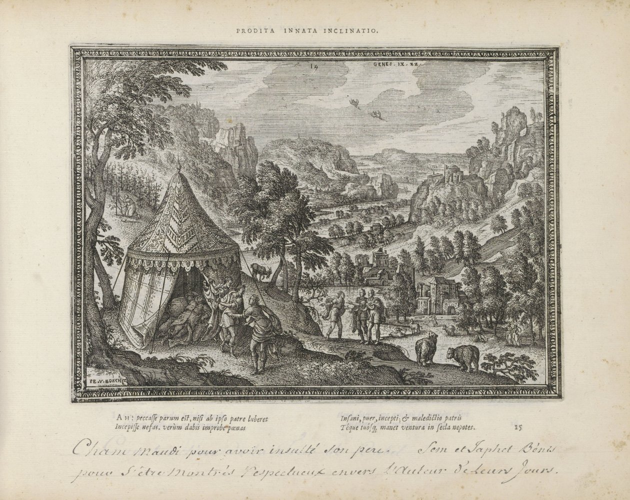 Dronkenschap van Noach Forrådt medfødt tilbøjelighed (titel på objekt) De hellige emblemer og begge testamenters hovedhistorier (Oude Testamente) (serietitel) Billeder og figurer af bøger (serietitel) af Pieter van der Borcht (I)