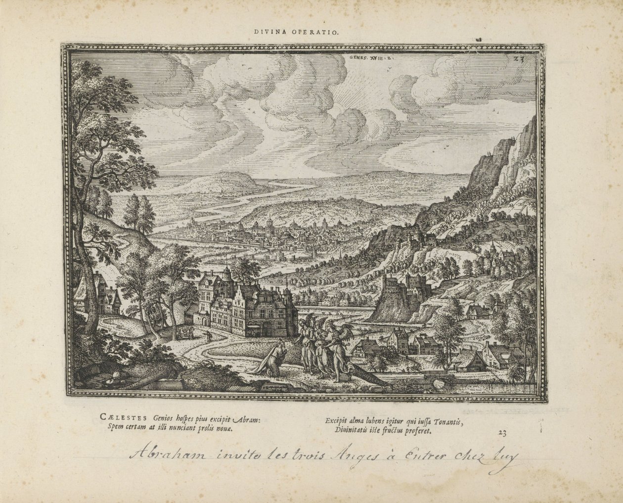 Landschap met Abraham en de drie engelen Guddommelig operation (titel på objekt) De hellige emblemer og begge testamenters hovedhistorier (Oude Testamente) (serietitel) Billeder og figurer af bøger (serietitel) af Pieter van der Borcht (I)